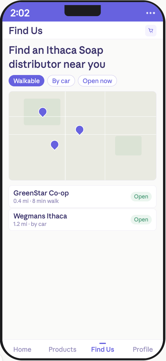 Ithaca Soap App - Find Us screen