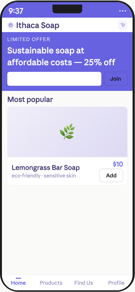 Ithaca Soap App - Home screen