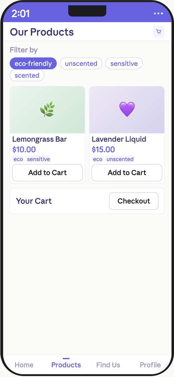 Ithaca Soap App - Products screen